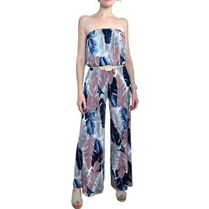 Patchington Strapless Tropical Palm Wide Leg Jumpsuit Pink Navy Resort Sz S/M